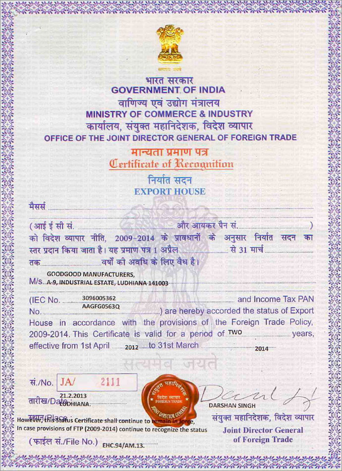 Export Certificate GoodGood Manufacturers